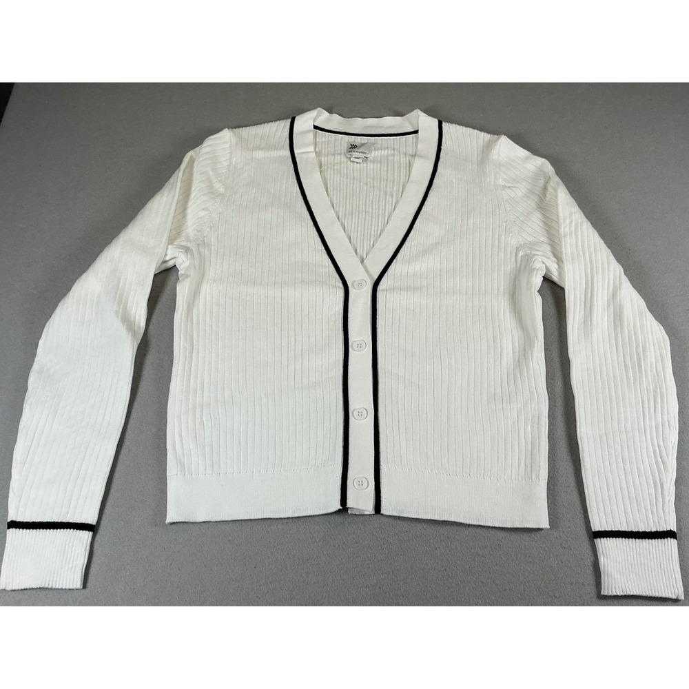 All in Motion Womens Ribbed Cardigan Sweater White L Button V Neck NWT